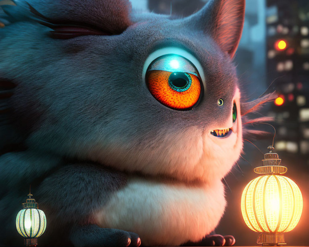 Gray cartoon cat with large eye and Chinese lanterns in cityscape at night