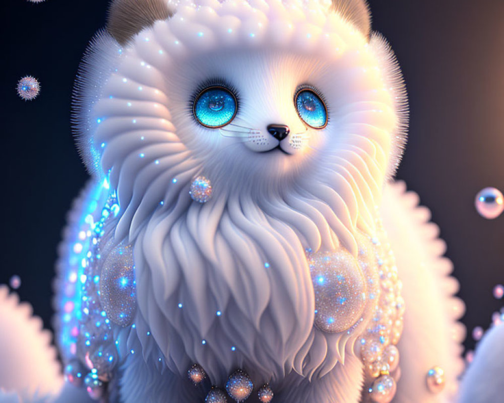 Whimsical 3D illustration of fluffy white fantasy creature