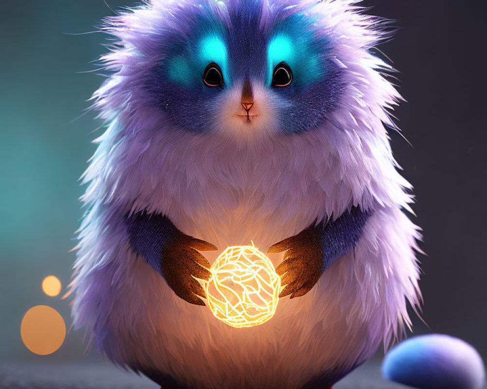 Blue and White Fluffy Creature with Glowing Eyes Holding Luminous Orb