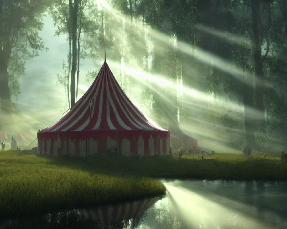 Red and White Striped Circus Tent in Misty Forest Clearing with Sunbeams and Pond