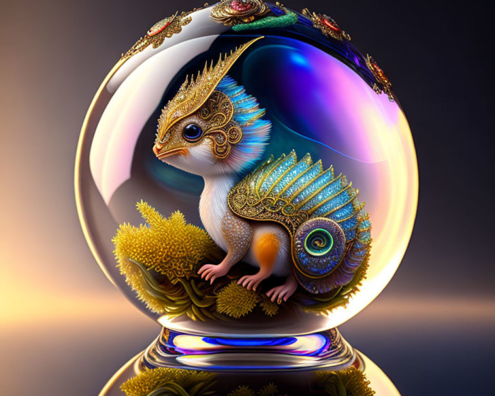 Digital illustration: creature with squirrel body and peacock tail in glass sphere