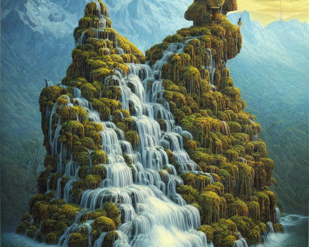 Majestic waterfall over moss-covered terraces and misty mountains