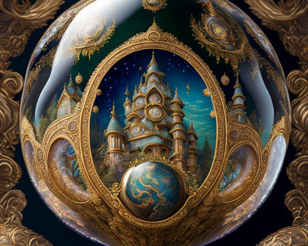 Intricate gold designs on ornate sphere with fantastical castle and celestial elements in circular frame