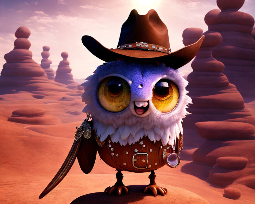 Animated cowboy owl in desert sunset with rock formations