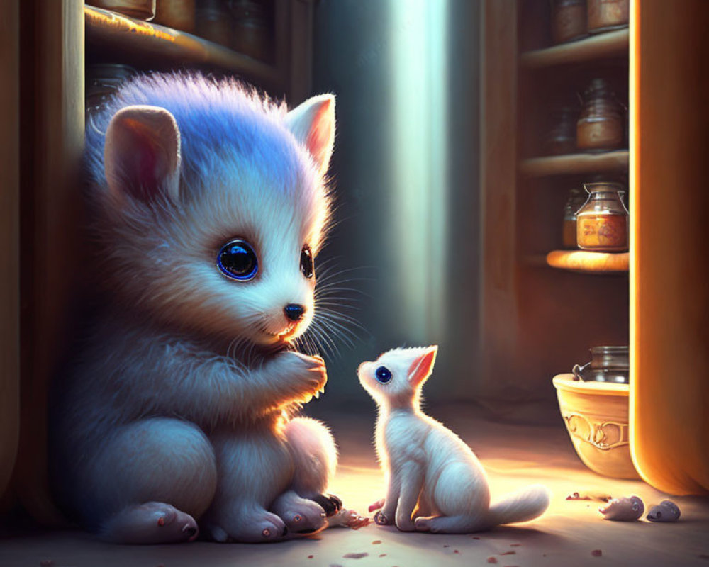 Stylized fantasy creatures resembling kittens in cozy cupboard