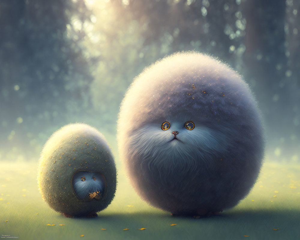 Fluffy spherical creatures with large eyes in sunlit forest clearing