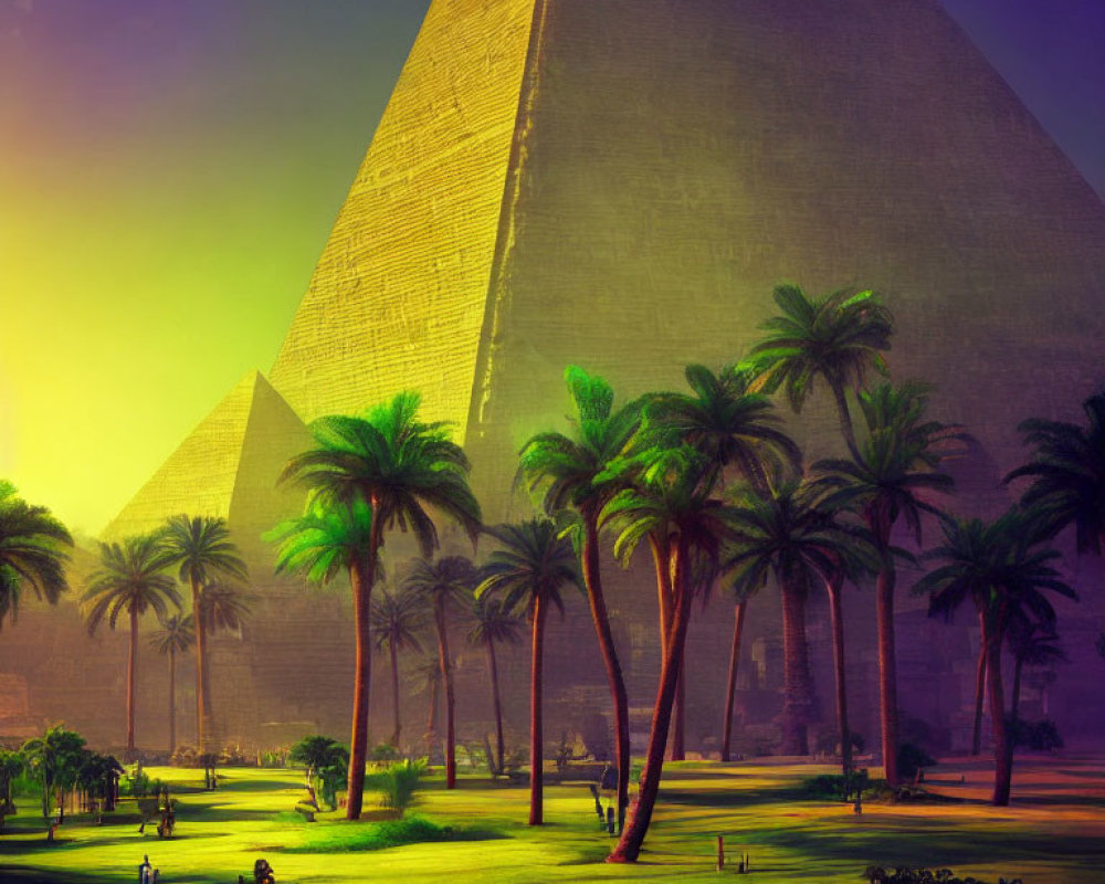 Sunset illuminates Pyramids of Giza with palm trees and people in foreground