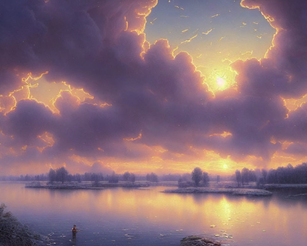 Serene lake sunset with fiery clouds, lightning, and lone figure on boat