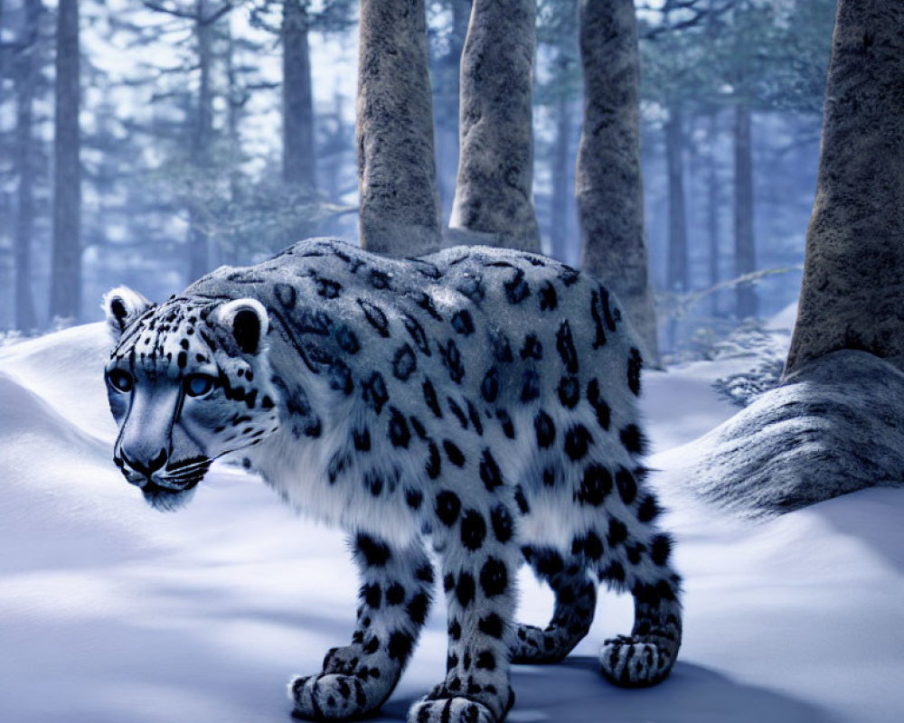 Snow leopard in snowy forest with coniferous trees and blue haze