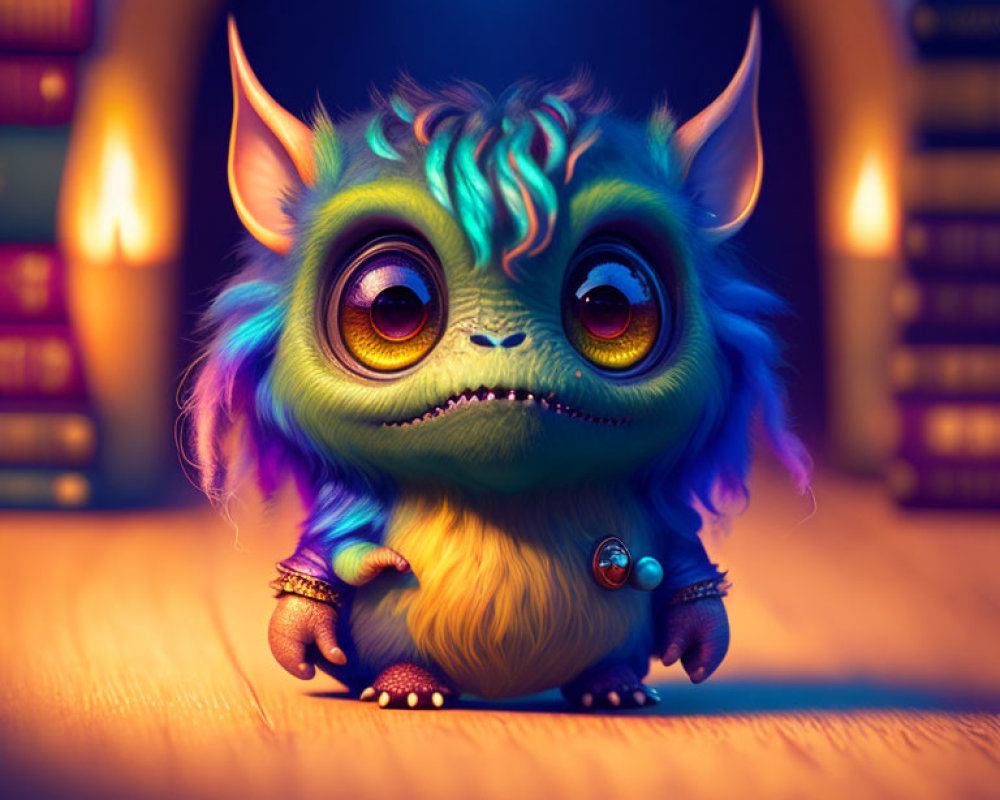 Colorful creature with horns and large eyes in magical library setting