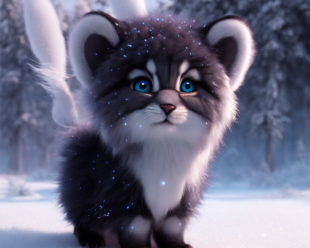 Fluffy dark-furred creature with blue eyes in snowy scene