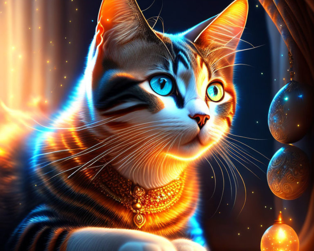 Digitally enhanced image of cat with glowing blue eyes and jeweled collar among hanging orbs on dark backdrop