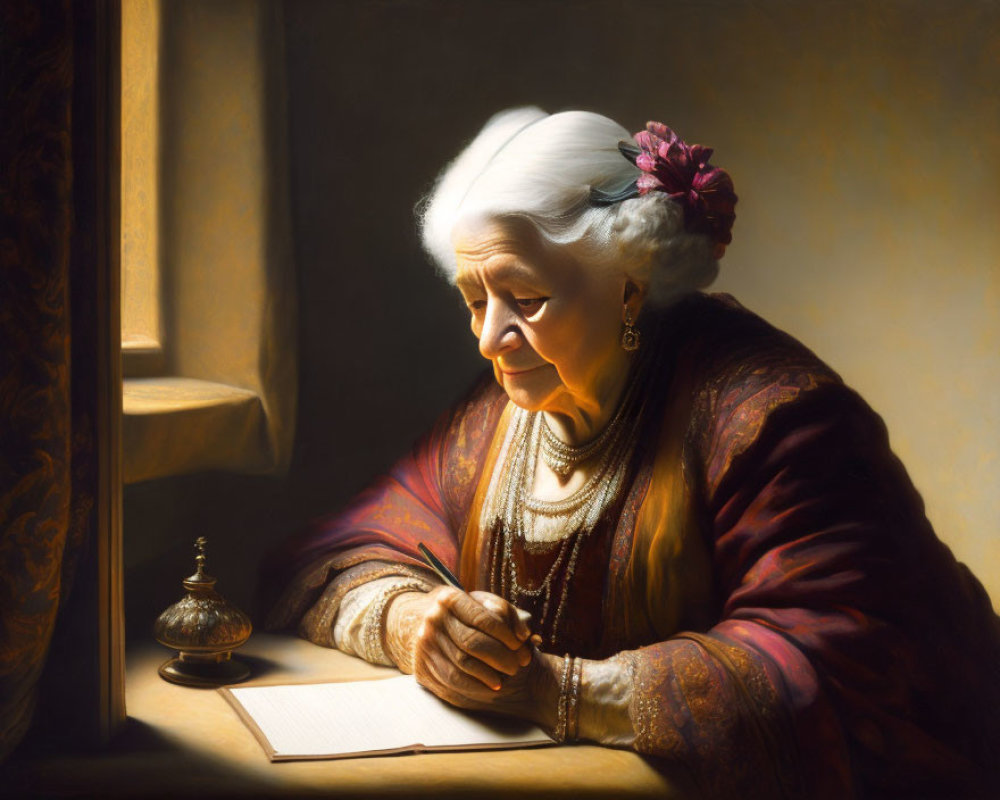 Elderly woman with white hair bun writing letter by sunlit window