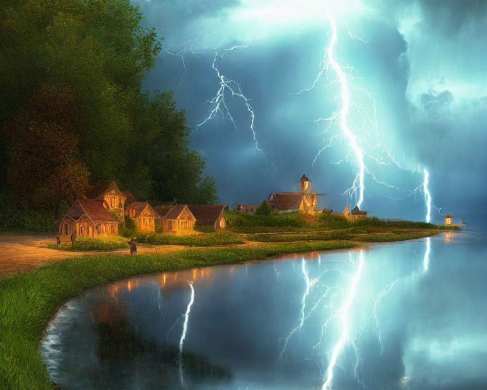 Lightning storm illuminates riverside village with dramatic contrast.