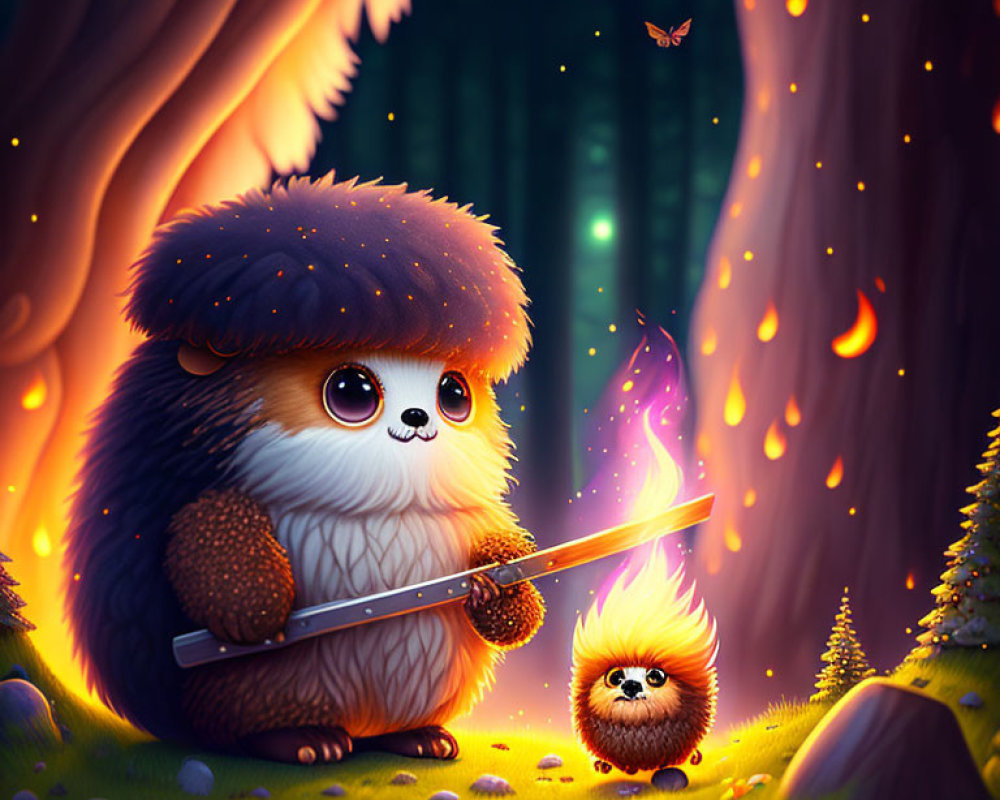 Illustration of two fluffy creatures in mystical forest with mushroom hat and glowing wand.