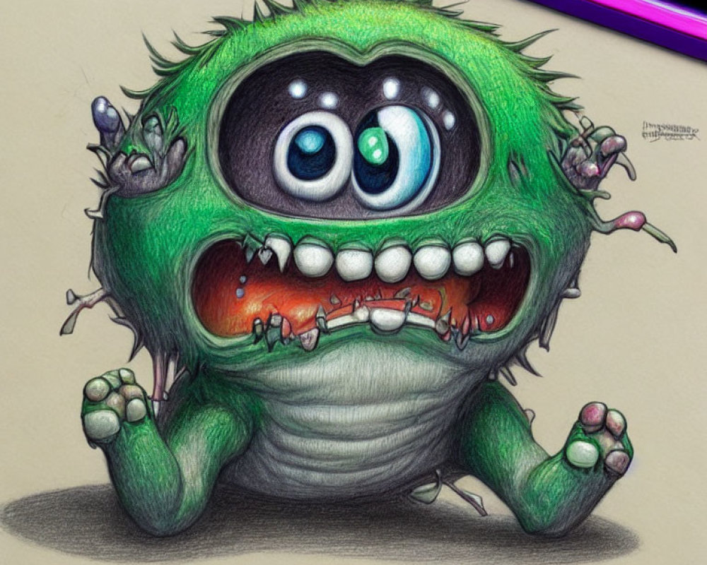 Vibrant illustration of one-eyed green monster with tentacles and pencils