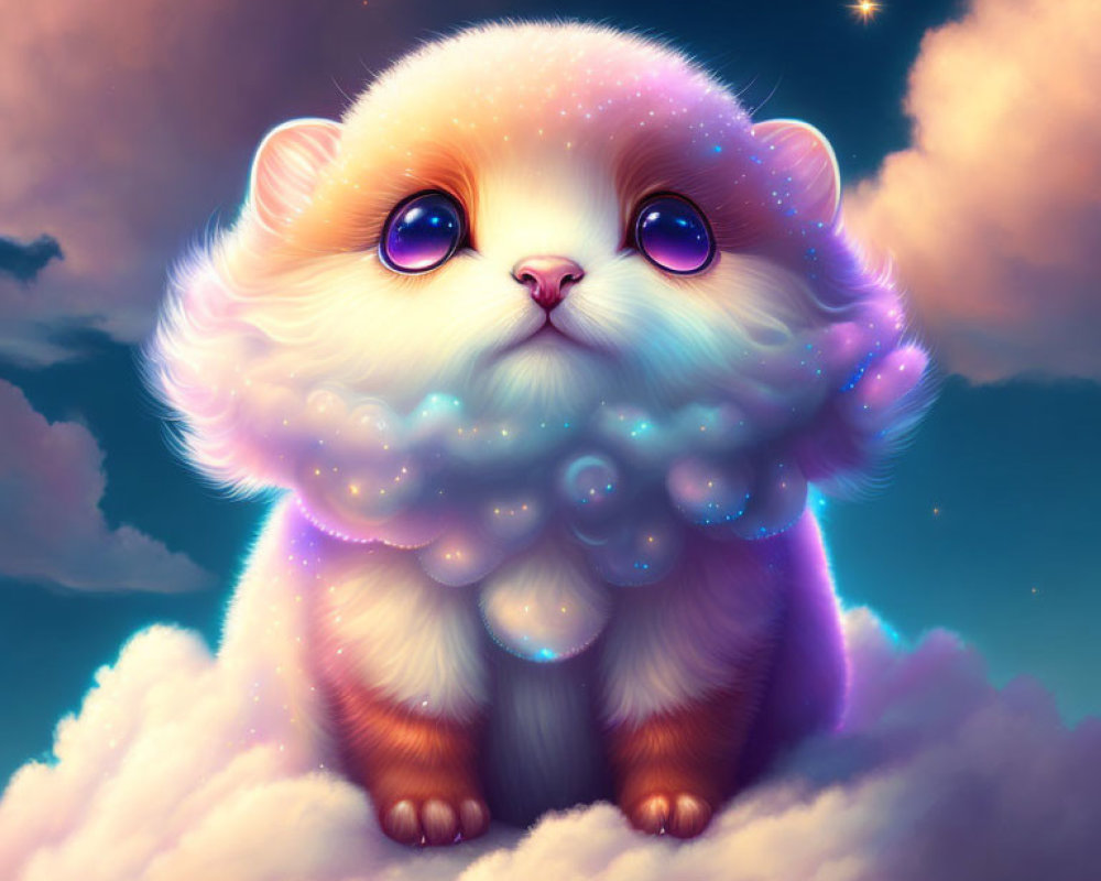 Fluffy wide-eyed creature on cloud in twilight sky