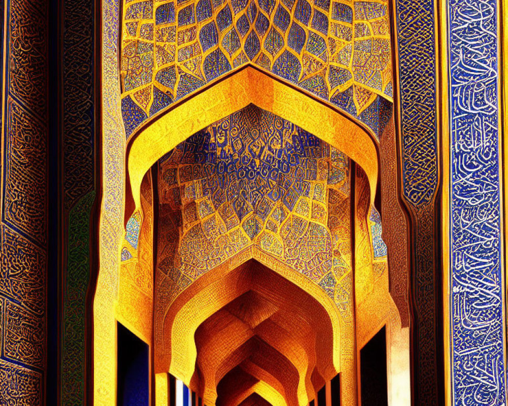 Intricate Blue and Gold Islamic Corridor with Arabic Calligraphy