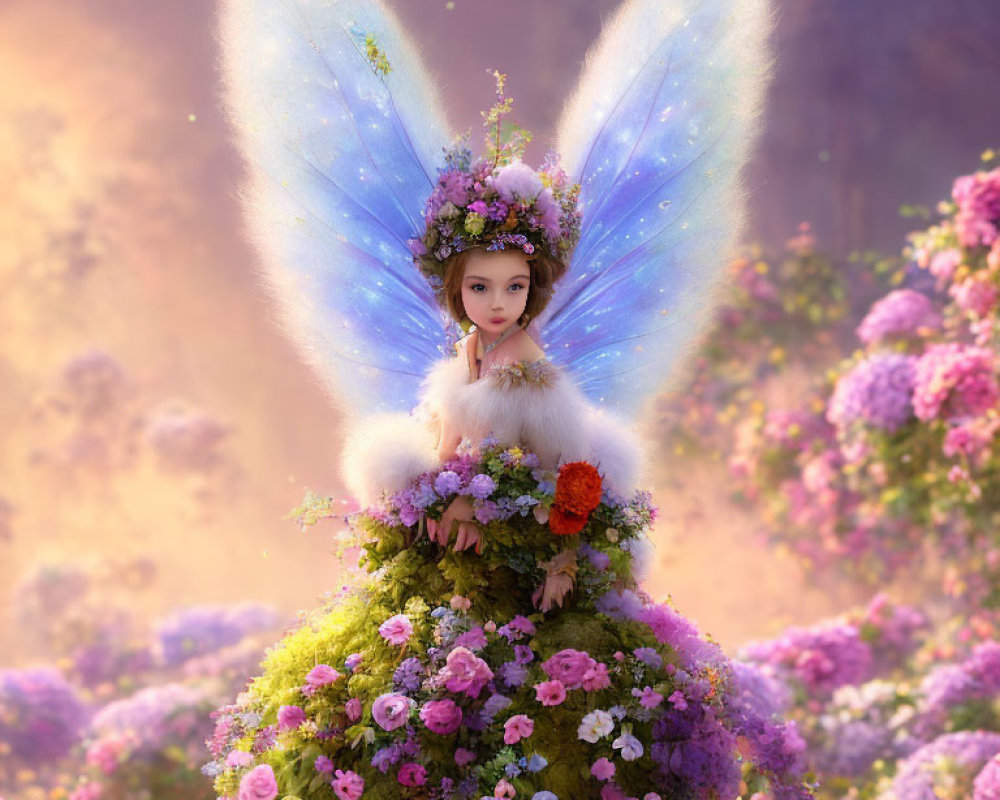 Fairy with Blue Wings in Floral Crown Surrounded by Pink and Purple Flowers