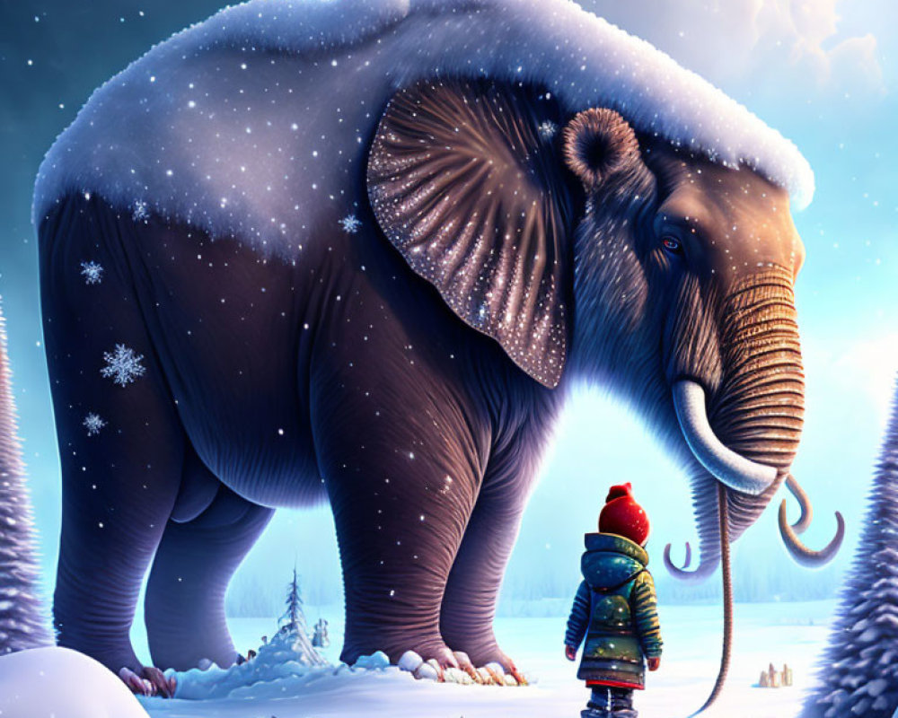 Child in winter clothing with snow-covered elephant in snowy landscape