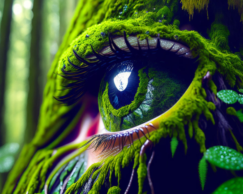 Detailed close-up of person with green nature-inspired makeup resembling moss and leaves.