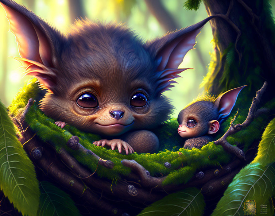 Fantastical creatures digital illustration: adorable furry bats in lush green tree