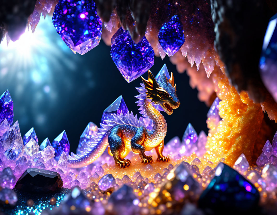 Miniature dragon in mystical cave with luminous crystals