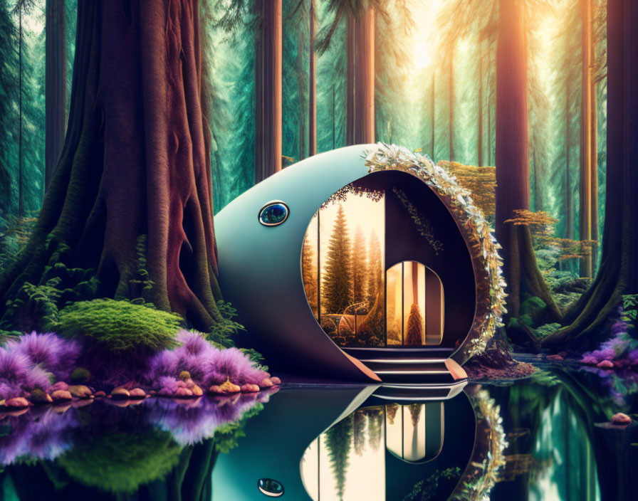 Reflective futuristic pod cabin in vibrant forest near still water