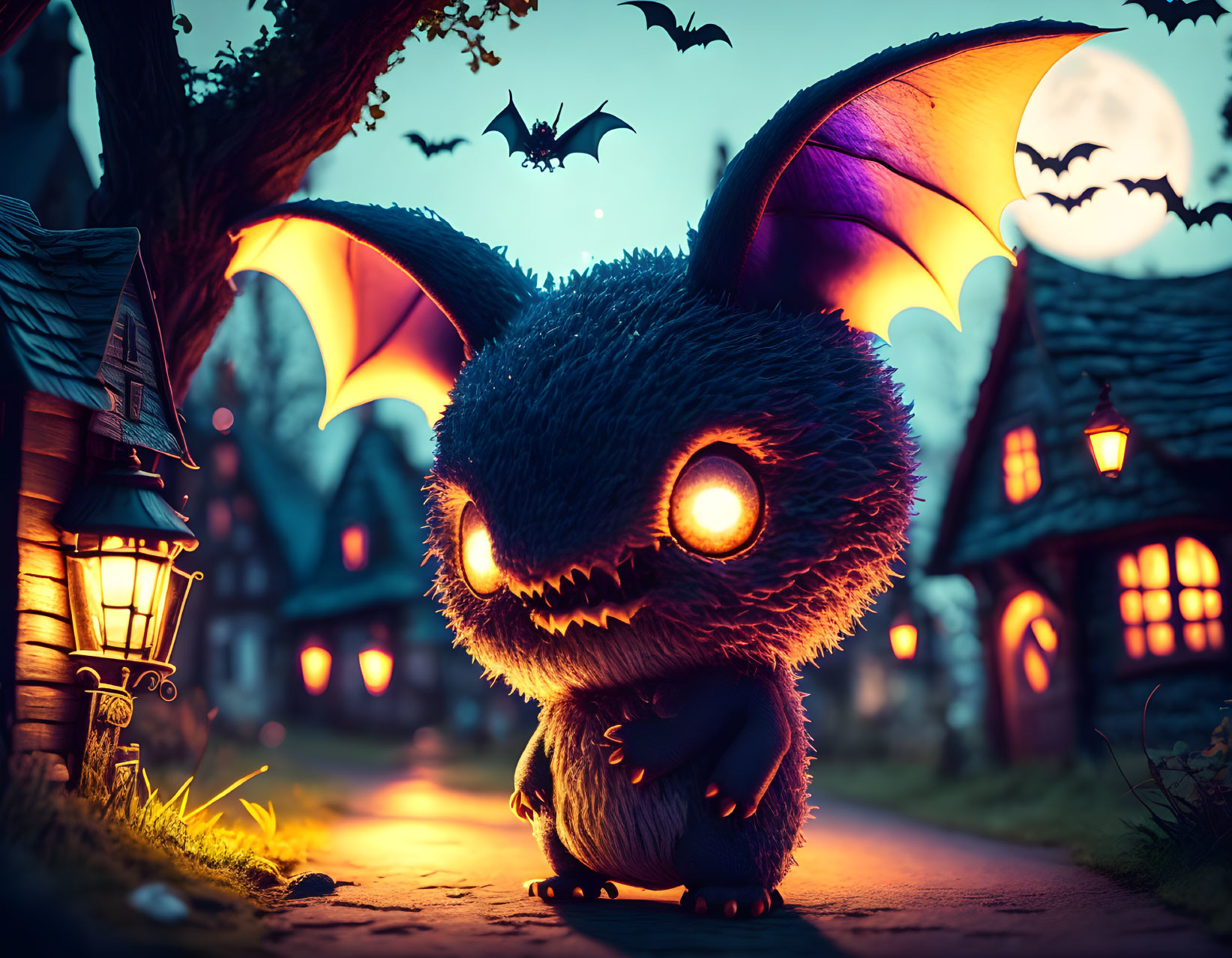 Fluffy Creature with Bat-like Ears on Cobblestone Street at Night