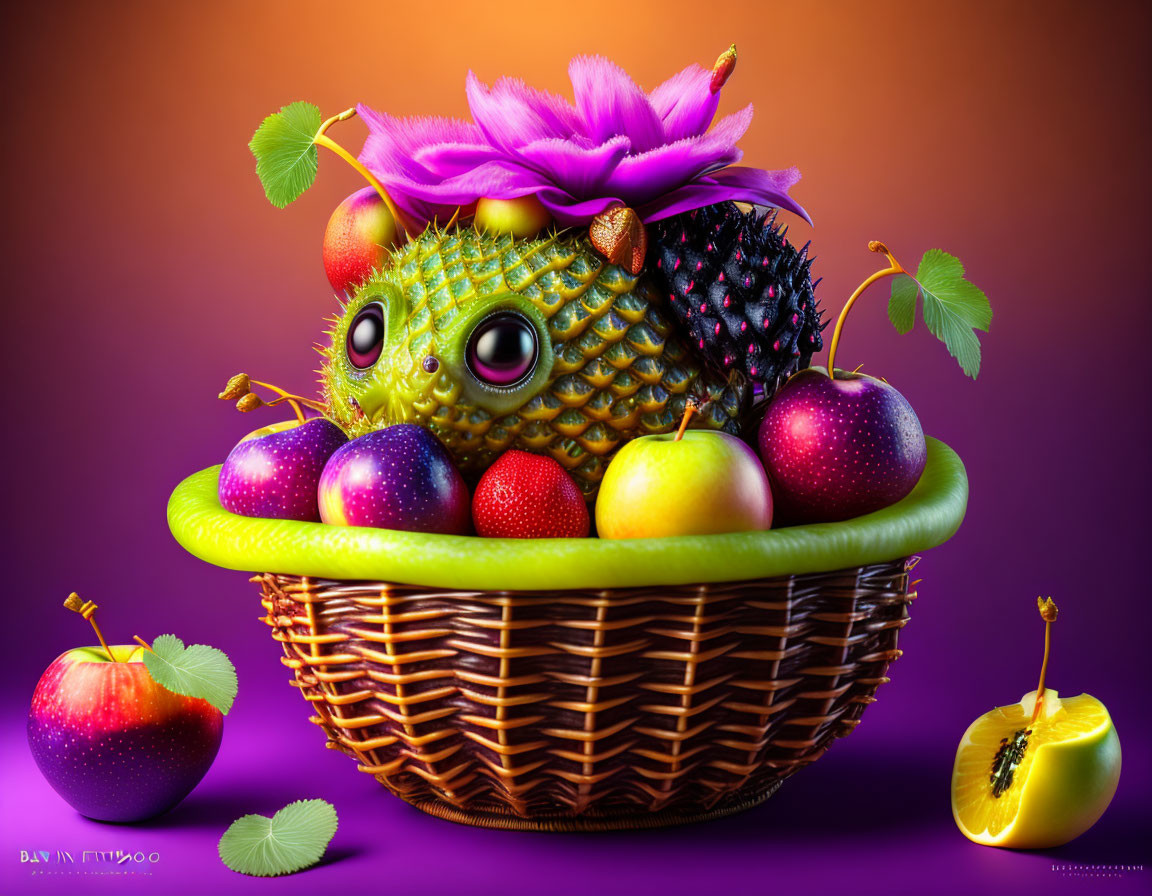 Colorful anthropomorphic fruit basket with green-eyed creature and pink flower on purple background