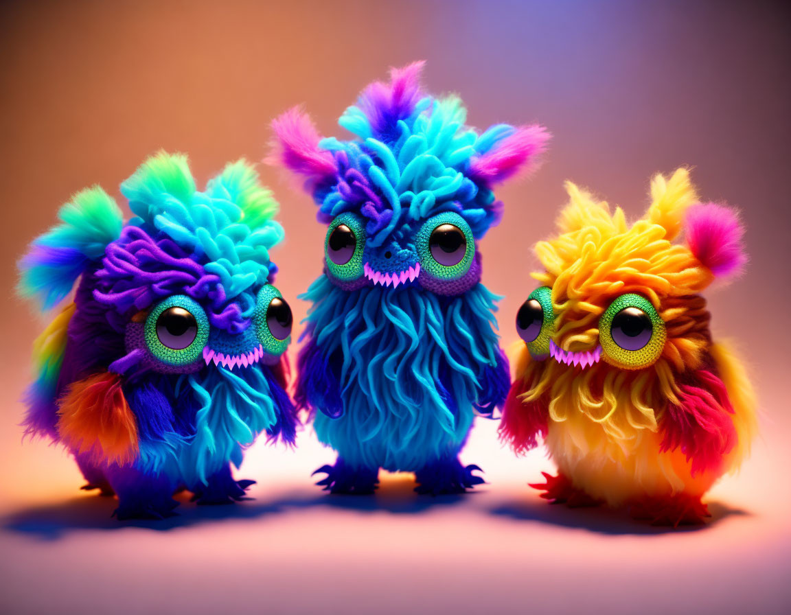 Colorful Fuzzy Creatures with Big Eyes on Gradient Background