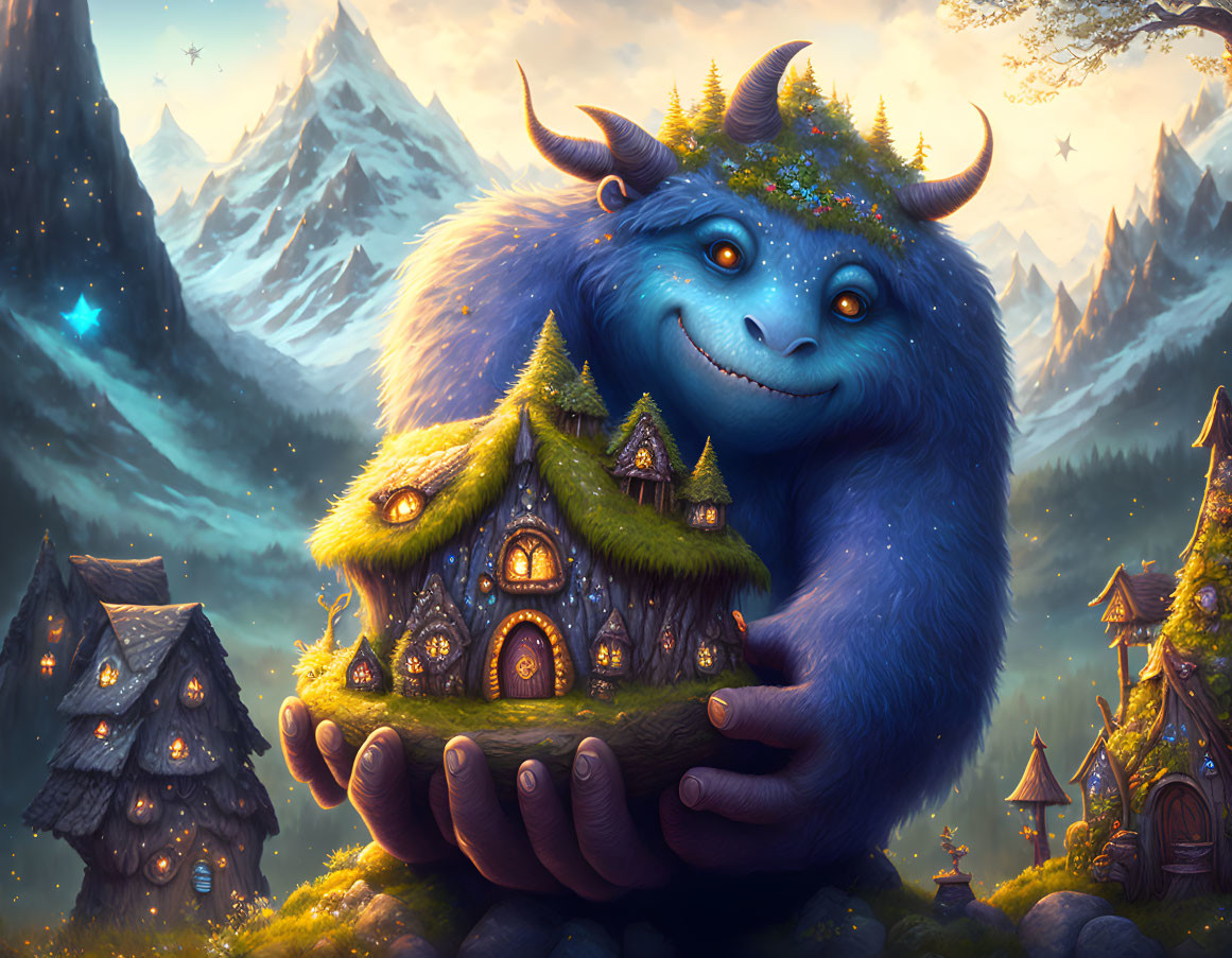 Blue-furred creature with horns holding a miniature house under twilight sky