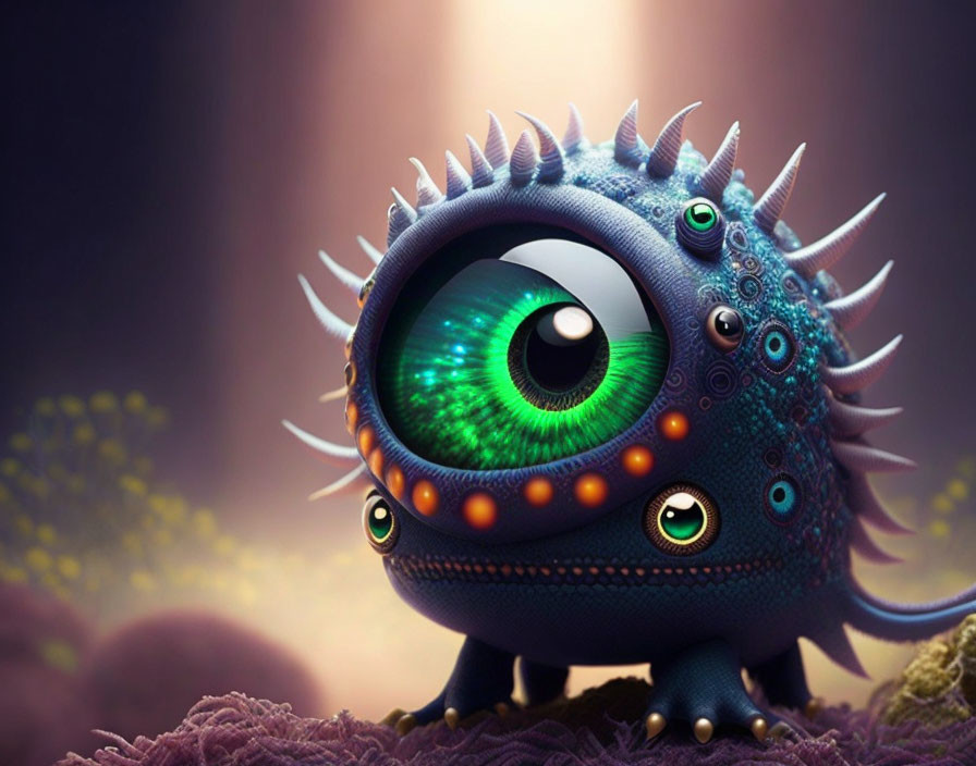 Round, cute animated monster with large green eye on fuzzy surface