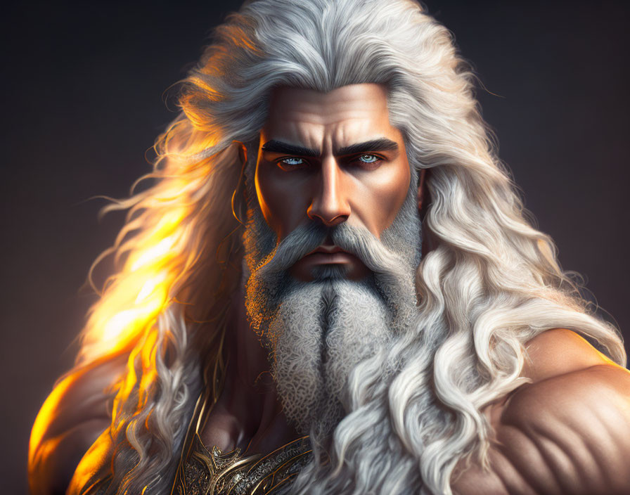 Mythical warrior with white hair, golden armor, and fiery backdrop