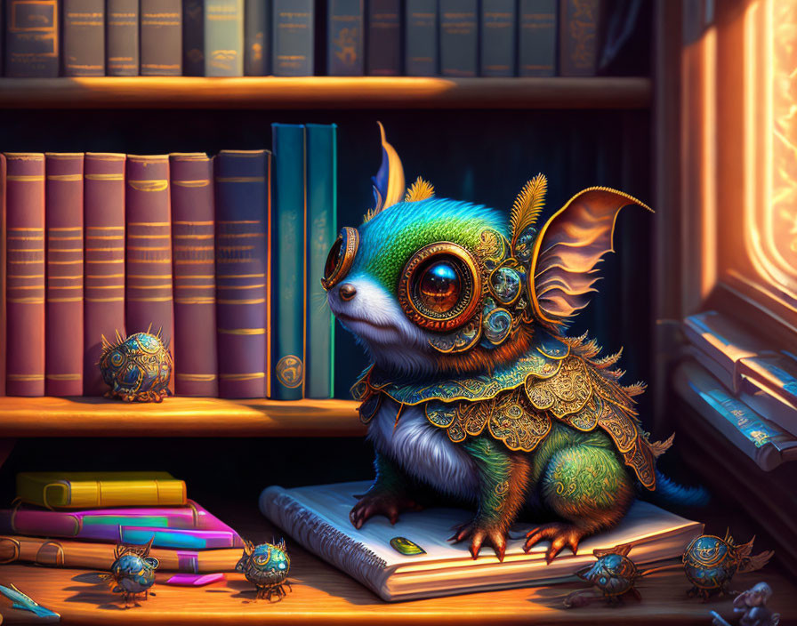 Blue creature with wings on open book surrounded by similar beings and shelves