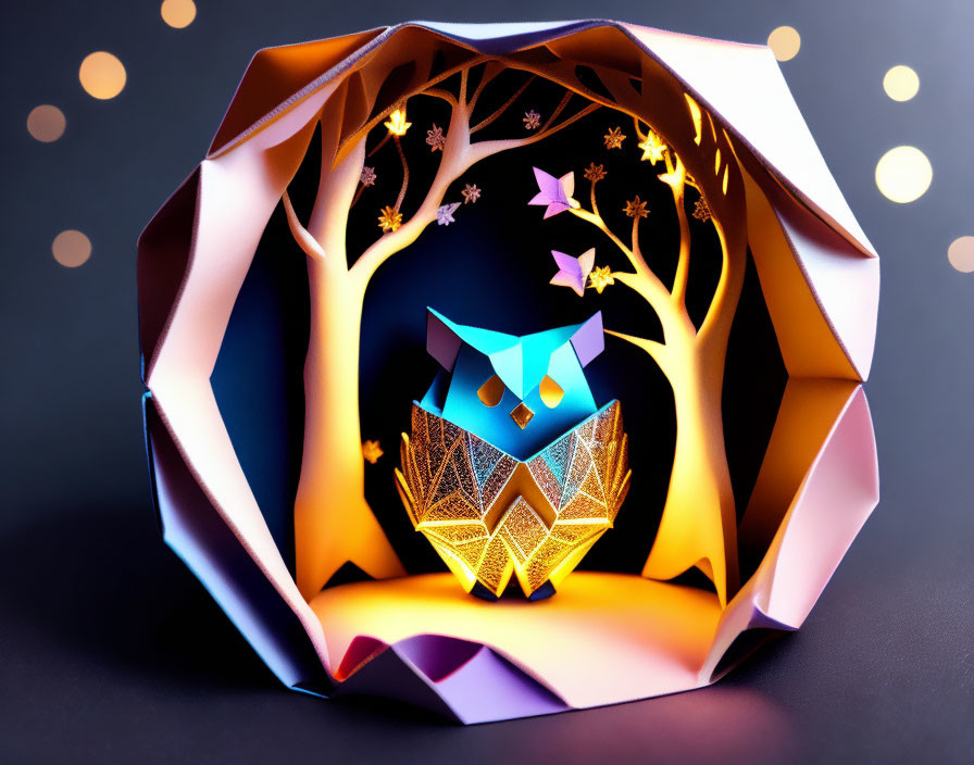 Colorful Paper Art: Owl in Geometric Forest with Warm Backlighting