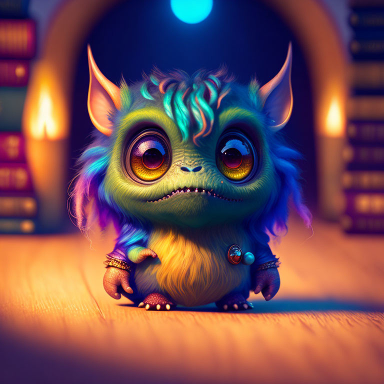 Colorful creature with horns and large eyes in magical library setting