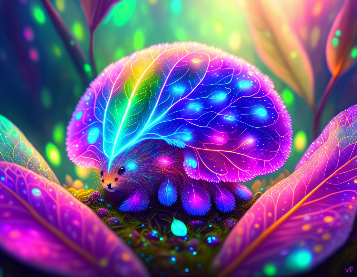 Vibrant neon fantasy creature with leaf-like quills in magical setting