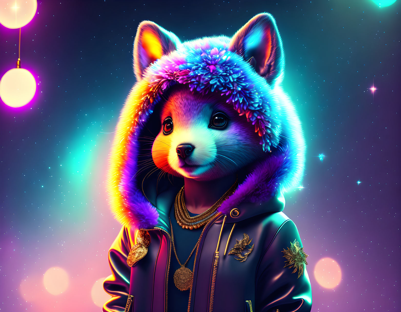 Vibrant digital artwork: Anthropomorphized Shiba Inu in stylish attire on neon background