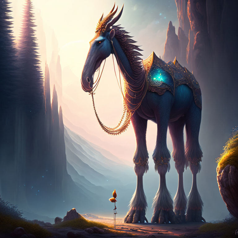 Armored horse with luminescent patterns in mystical landscape with bird on signpost