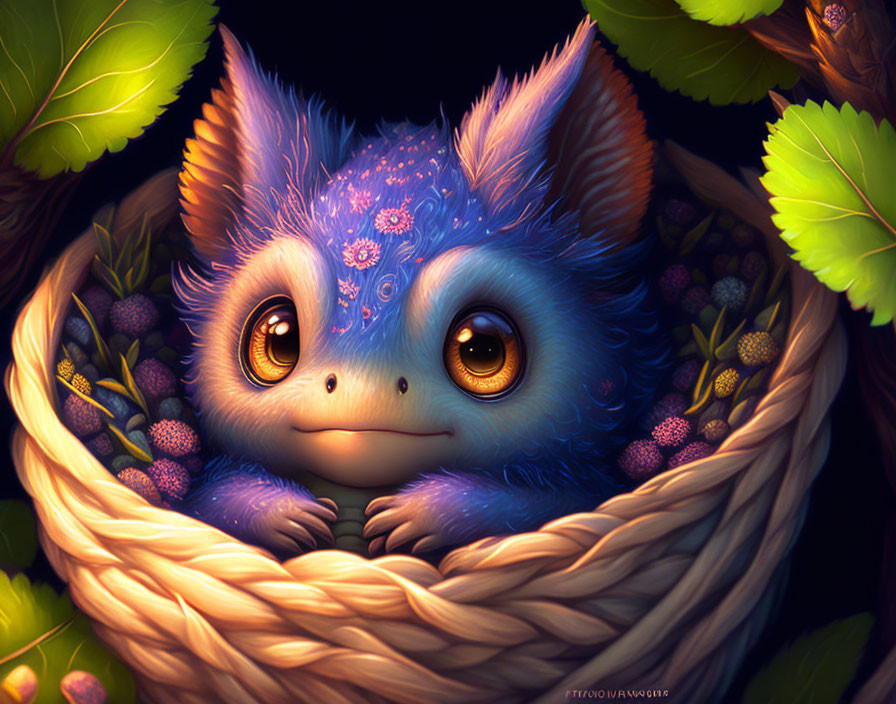 Blue Fluffy Fantasy Creature in Basket with Green Leaves and Purple Berries