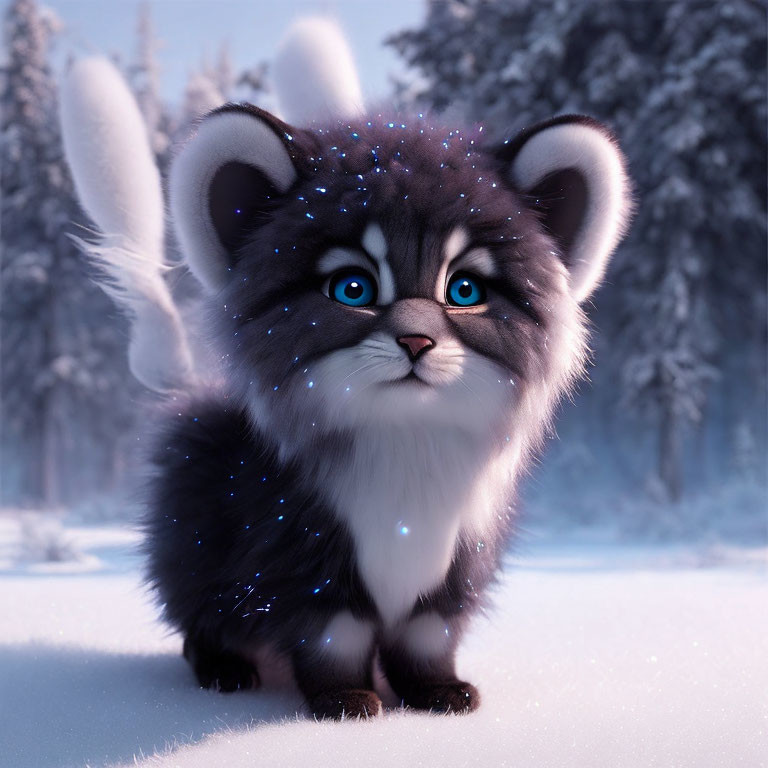 Fluffy dark-furred creature with blue eyes in snowy scene