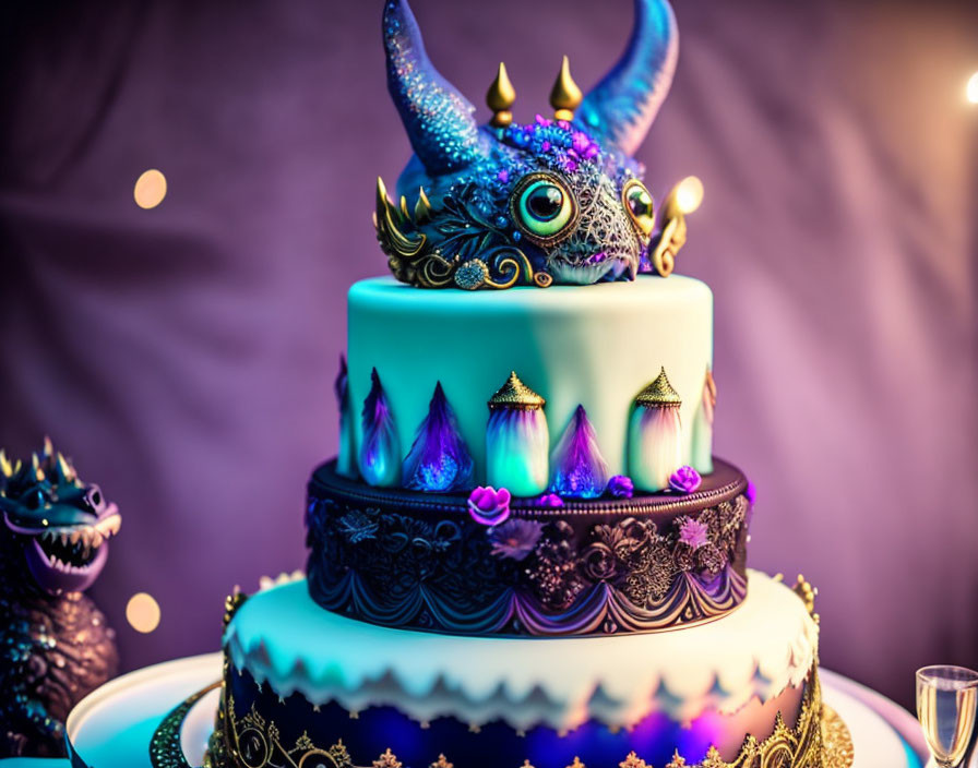 Dragon-themed cake with blue and purple dragon and intricate scale designs