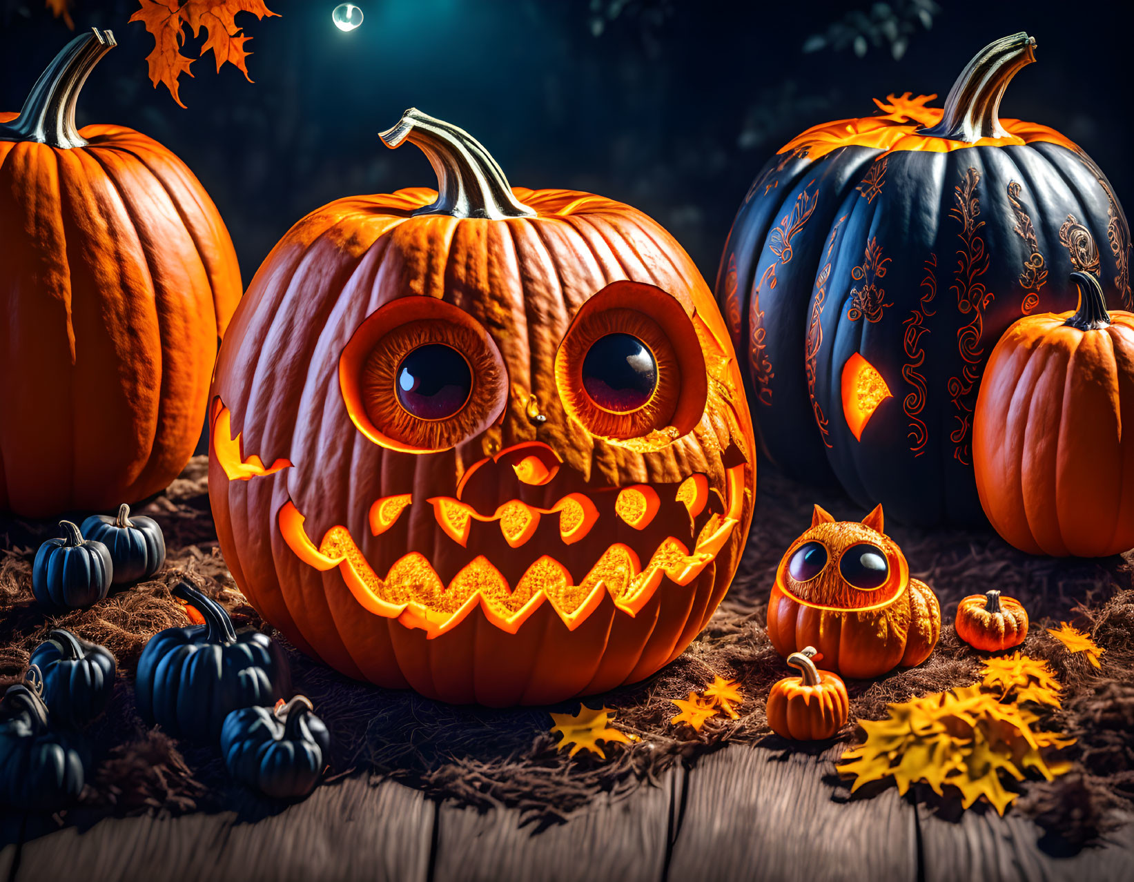 Carved Pumpkins and Autumn Decor in Festive Halloween Scene