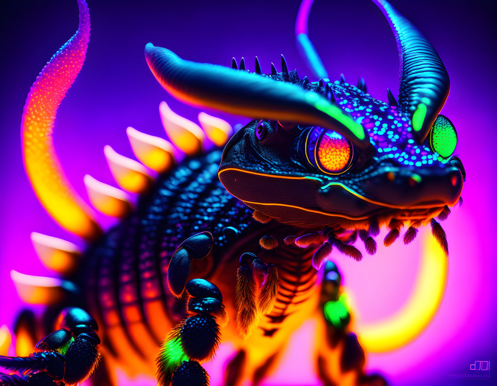 Neon-detailed dragon art under purple and blue light