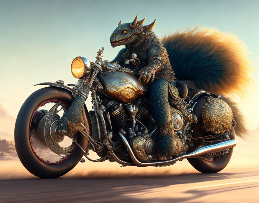 Armored dragon riding custom motorcycle in desert setting