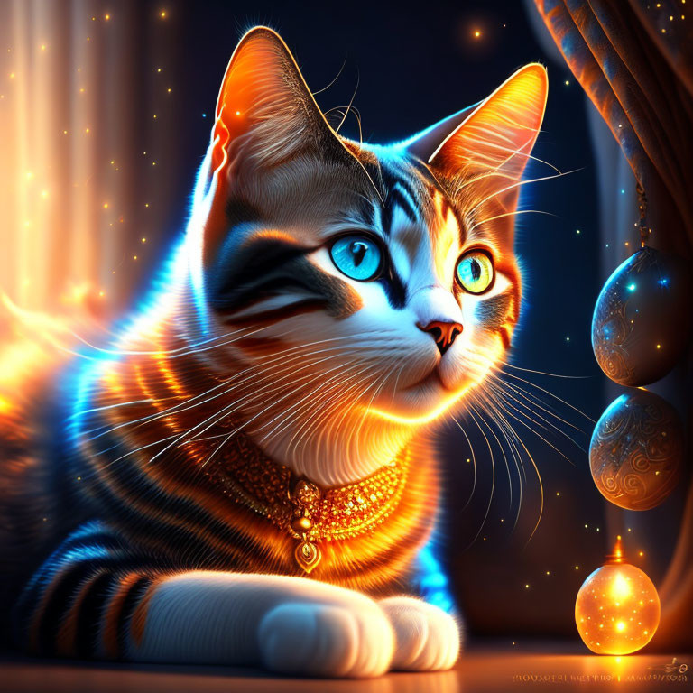 Digitally enhanced image of cat with glowing blue eyes and jeweled collar among hanging orbs on dark backdrop