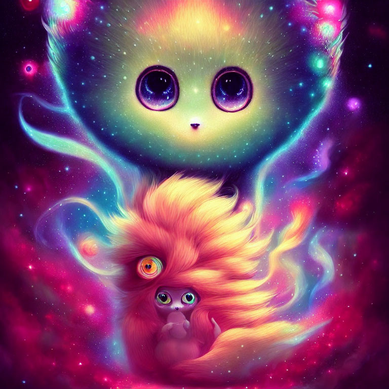 Colorful cosmic creatures in neon starry scene