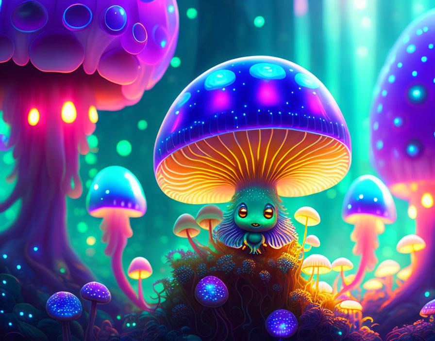 Fantastical luminescent forest with glowing mushrooms and cute creature