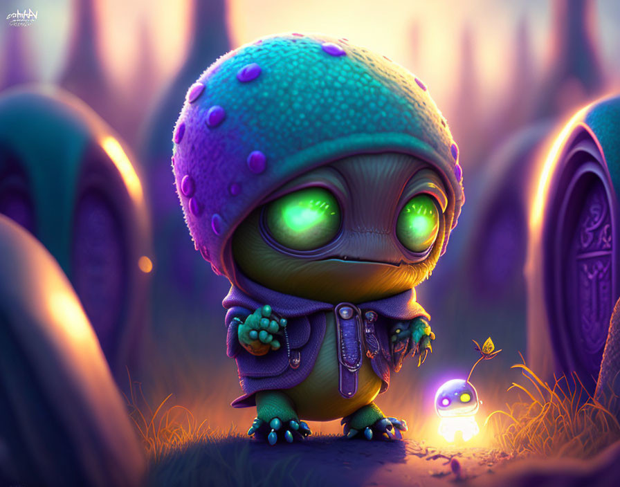 Illustration of cute alien with purple satchel and tiny robot in mystical flora